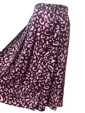 ModCloth Leopard Print Button Front Midi Skirt Size 4 Pink Burgundy A-Line Retro